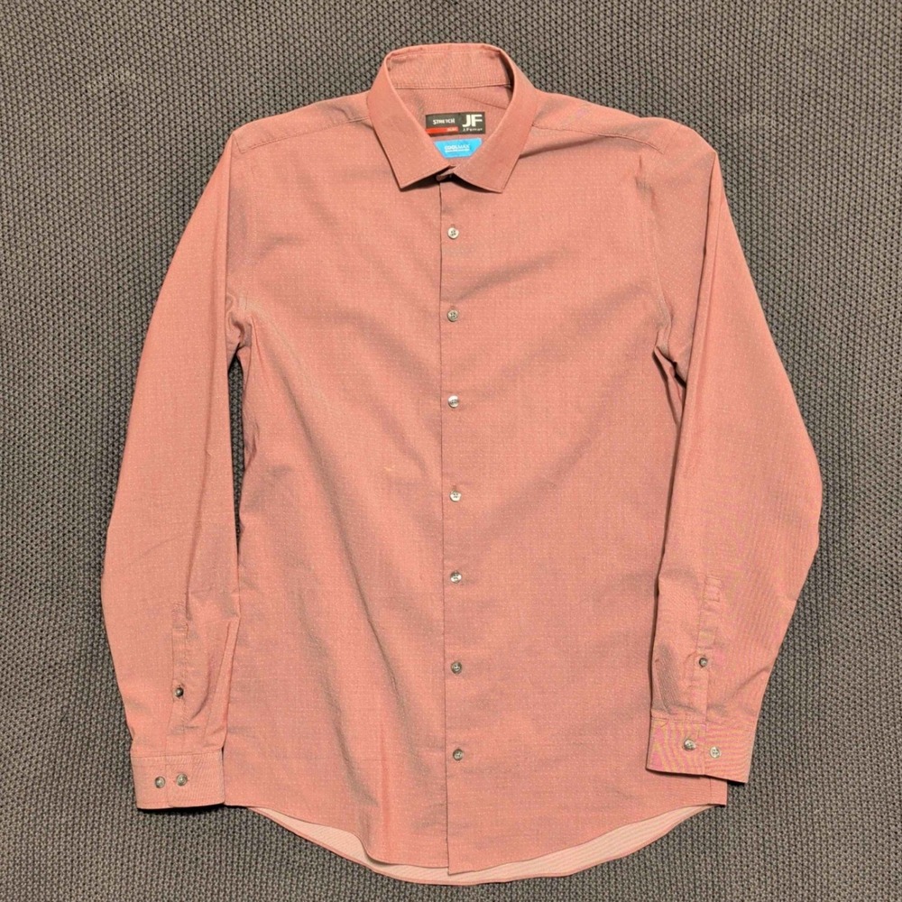 J. Ferrar Dress Shirt Mens M 15-15.5 Salmon Pink Slim Fit Coolmax Stretch Dot